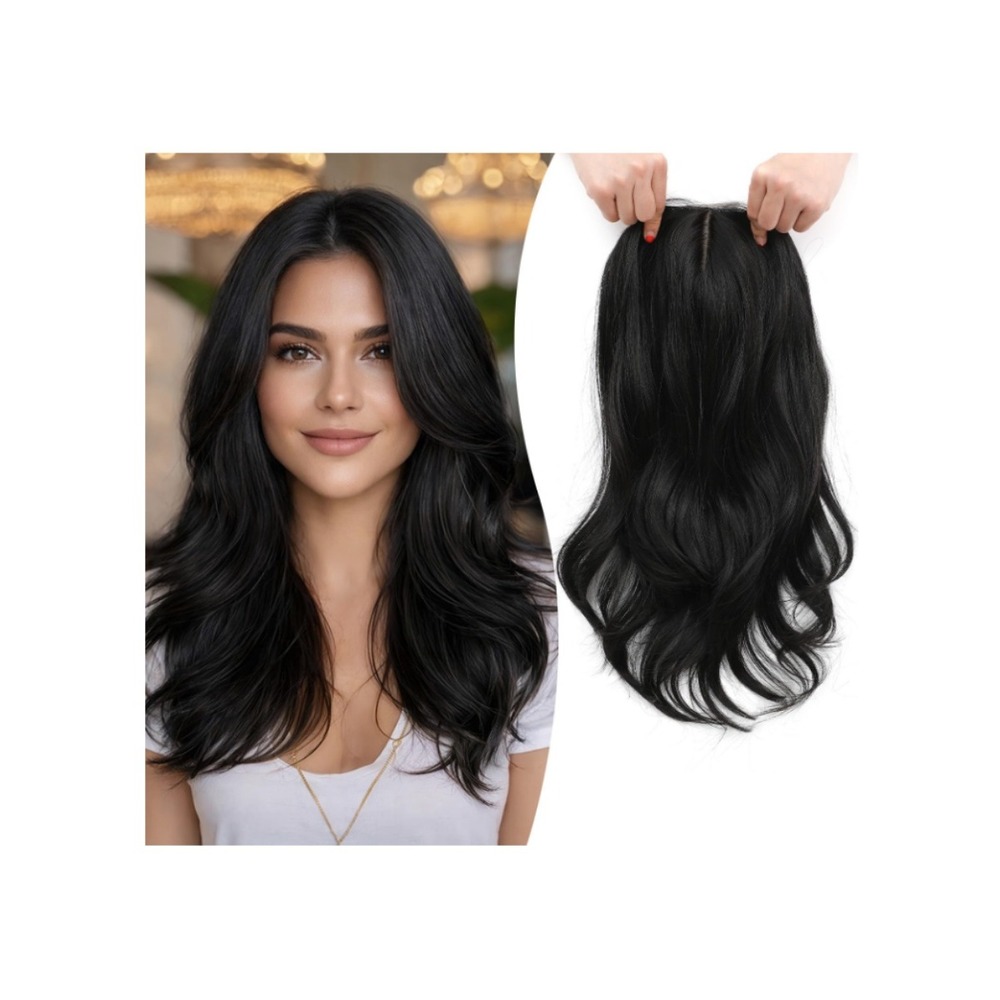Fine Plus 18" Hair Topper Synthetic Natural Black Loose Wave Volume Hairpiece